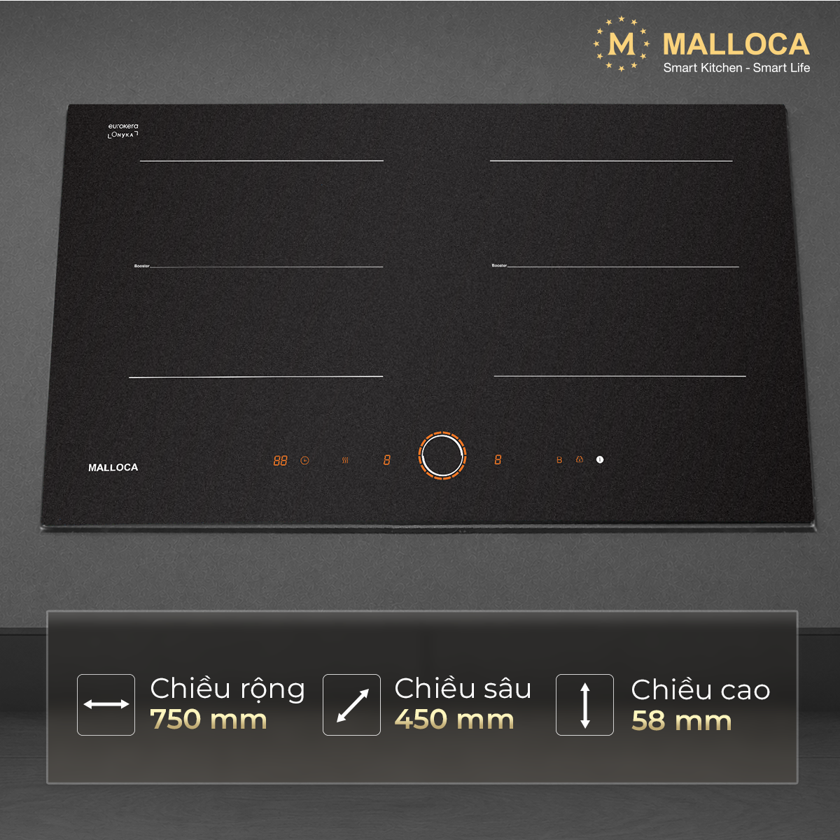 Bếp từ 2 vùng nấu 75cm (Mặt kính Onyka chống trầy xước) Malloca MI750ES - Thiết kế bếp từ Malloca MI750ES: Onyka, Matte Black và Titanium Bếp từ 2 vùng nấu 75cm (Mặt kính Onyka chống trầy xước) Malloca MI750ES - Thiết kế bếp từ Malloca MI750ES: Onyka, Matte Black và Titanium
