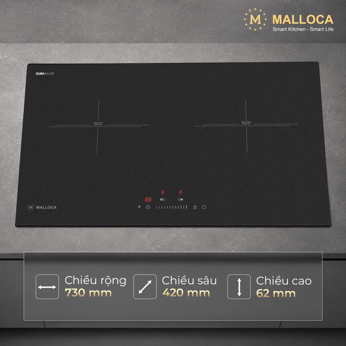 Bếp từ 2 vùng nấu 73cm (Mặt kính Malloca DuraGlass chống trầy xước) - Bếp từ Malloca DuraGlass – bếp từ đôi cho nhịp nấu hằng ngày Bếp từ 2 vùng nấu 73cm (Mặt kính Malloca DuraGlass chống trầy xước) - Bếp từ Malloca DuraGlass – bếp từ đôi cho nhịp nấu hằng ngày