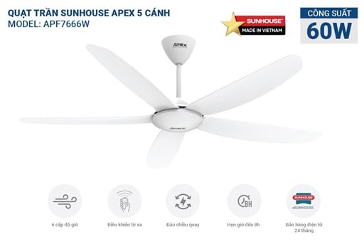 Quạt trần 5 cánh Sunhouse apex APF7666W – ảnh 7