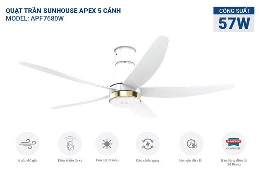 Quạt trần 5 cánh có đèn Sunhouse apex APF7680W – ảnh 7
