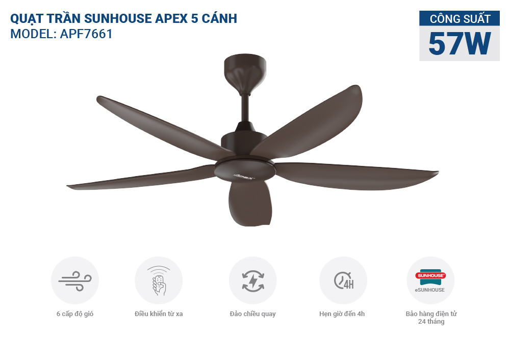 Quạt trần 5 cánh Sunhouse apex APF7661 – ảnh 5