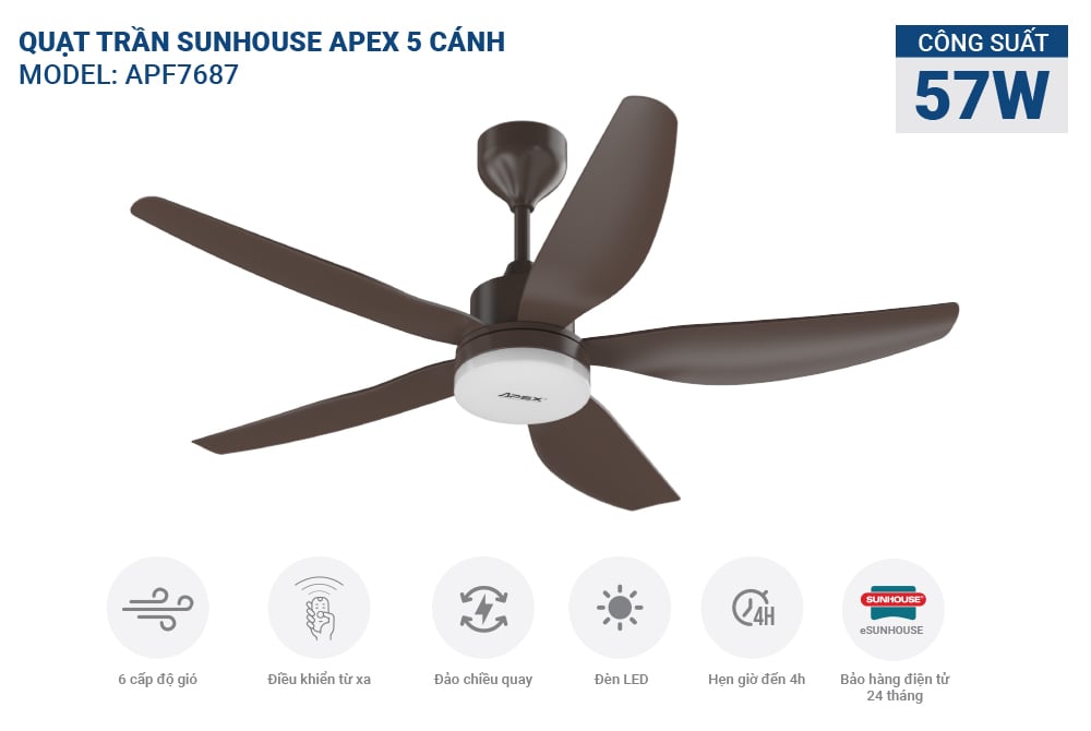 Quạt trần 5 cánh có đèn Sunhouse apex APF7687 – ảnh 5
