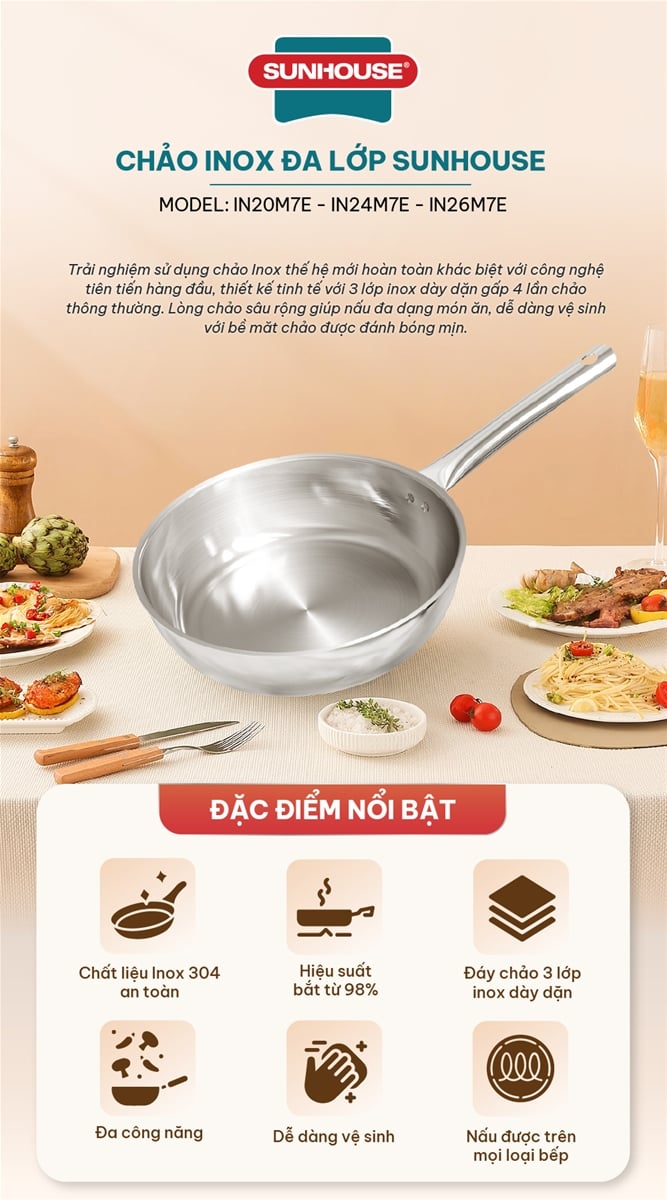 Chảo inox liền khối Sunhouse healthy IN24M7E – ảnh 5