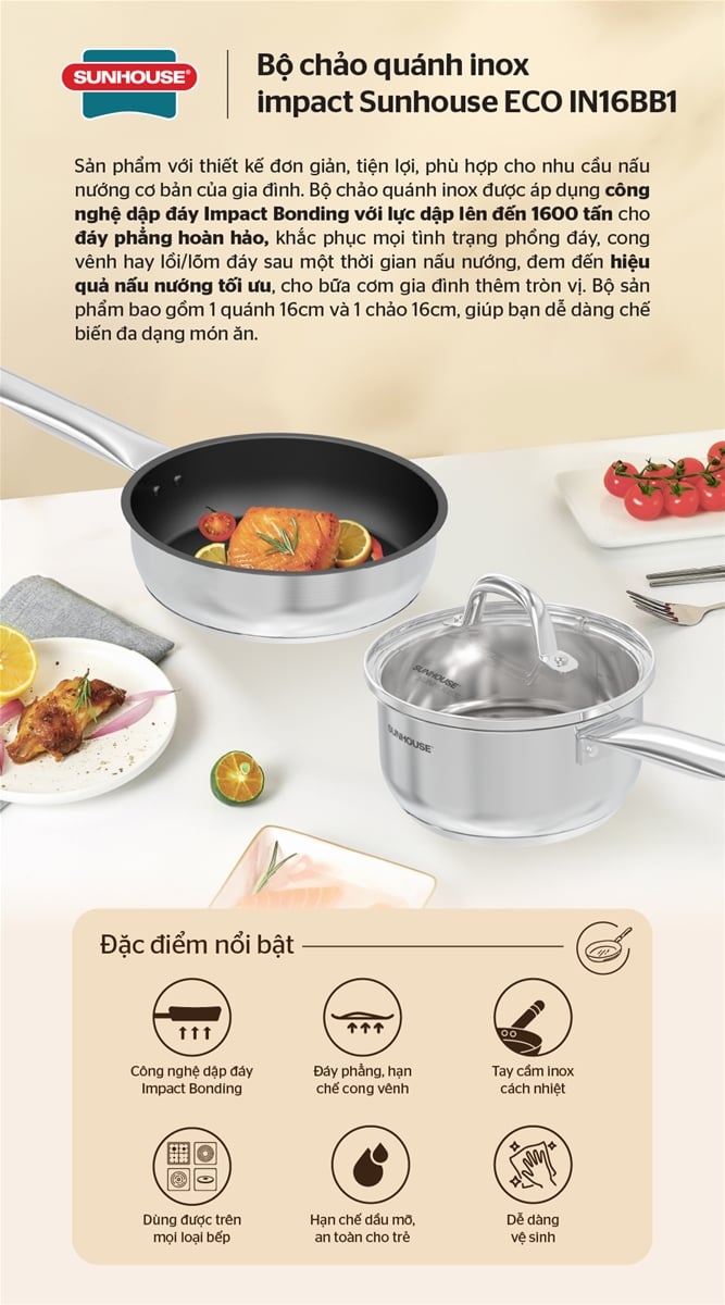 Bộ chảo quánh inox impact Sunhouse eco IN16BB1 – ảnh 7