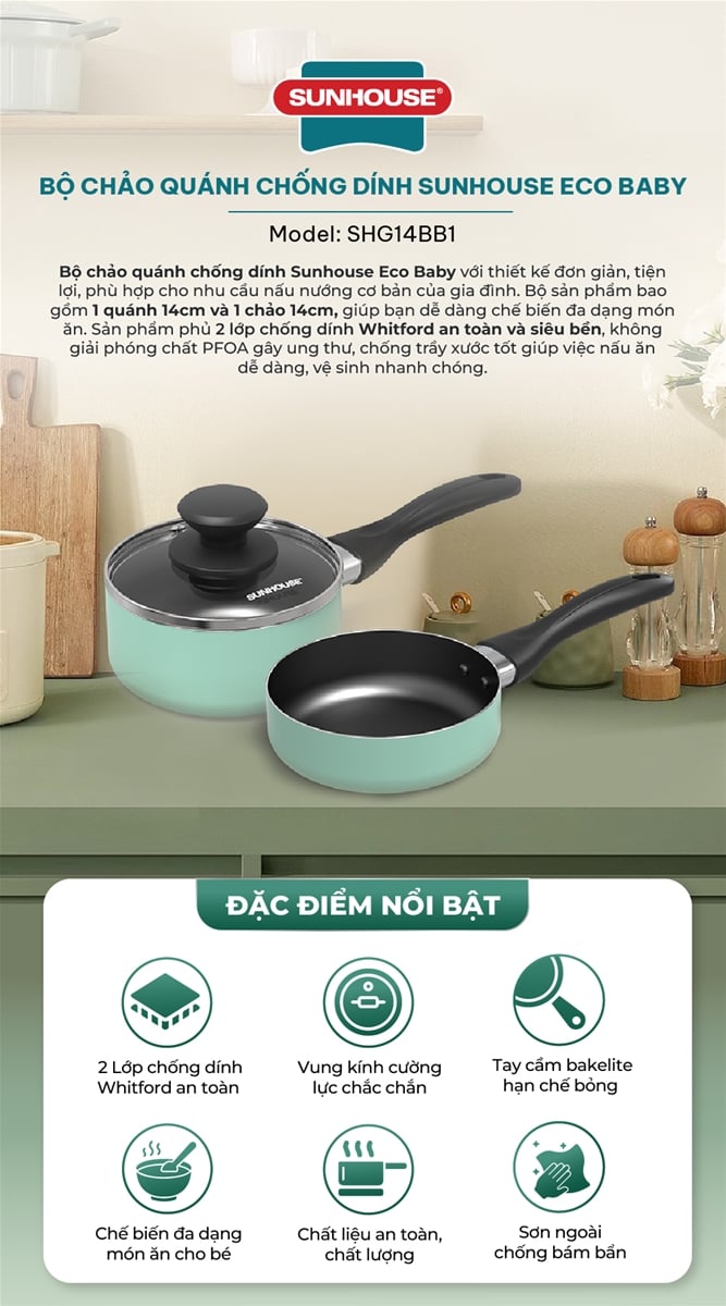 Bộ chảo quánh chống dính Sunhouse eco baby SHG14BB1 – ảnh 7