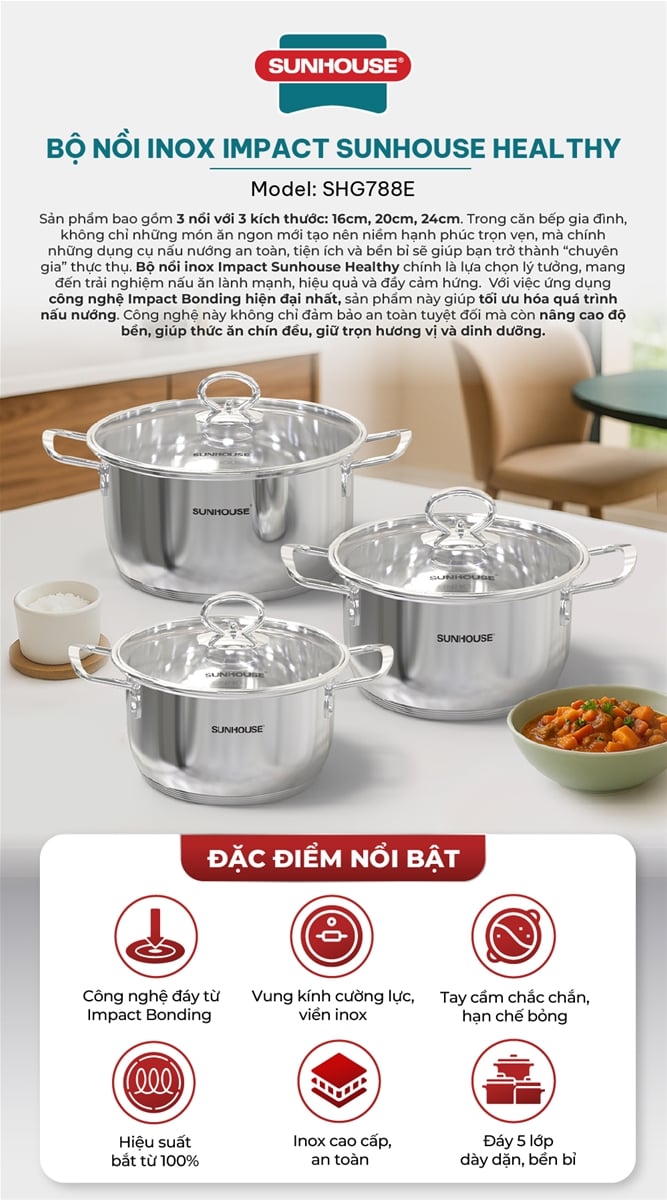 Bộ nồi inox impact Sunhouse healthy SHG788E – ảnh 2