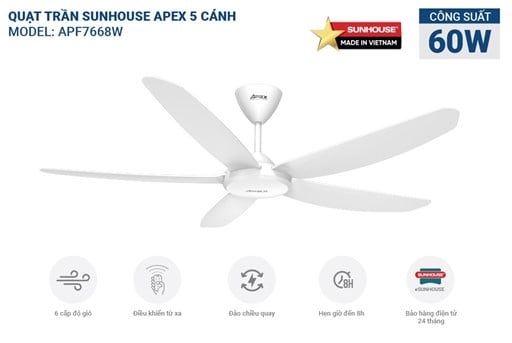 Quạt trần 5 cánh Sunhouse apex APF7668W – ảnh 5