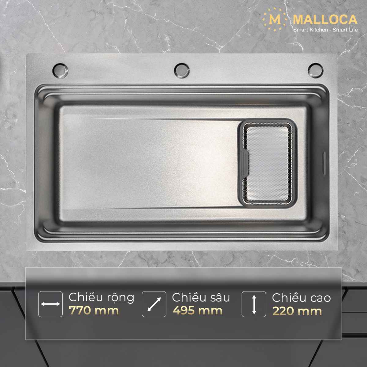 Chậu Rửa Chén 1 hố Inox 304 Silver kích thước 77cm Malloca Silver MS7750SI - Tông bạc Classic phối với tủ bếp nào? Chậu Rửa Chén 1 hố Inox 304 Silver kích thước 77cm Malloca Silver MS7750SI - Tông bạc Classic phối với tủ bếp nào?