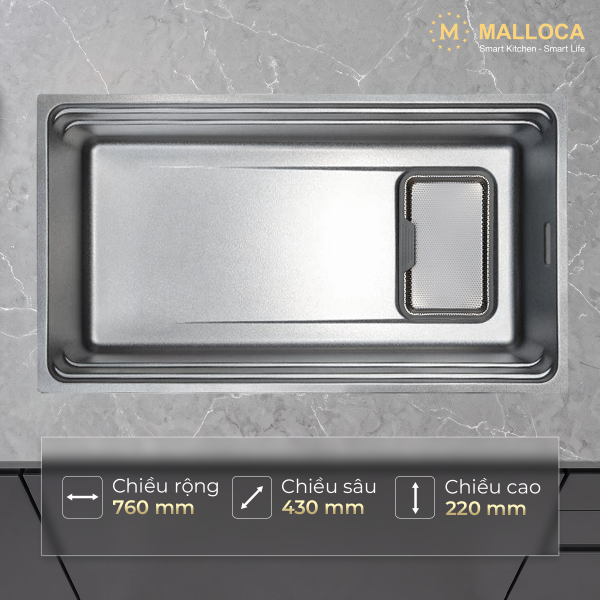 Chậu rửa chén 1 hố Inox 304 Malloca SILVER MS7743SI - Phụ kiện đi kèm biến chậu thành trạm sơ chế Chậu rửa chén 1 hố Inox 304 Malloca SILVER MS7743SI - Phụ kiện đi kèm biến chậu thành trạm sơ chế