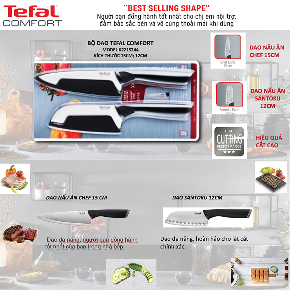 Bộ dao Tefal Comfort K221S244 15cm và 12cm