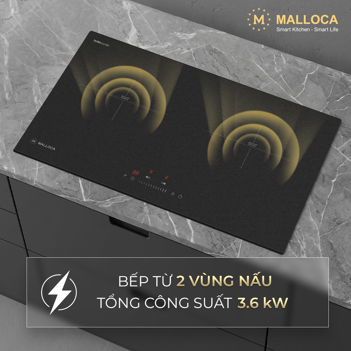Bếp từ 2 vùng nấu 73cm (Mặt kính Malloca DuraGlass chống trầy xước) - Tiện ích trên bếp từ Malloca DuraGlass Bếp từ 2 vùng nấu 73cm (Mặt kính Malloca DuraGlass chống trầy xước) - Tiện ích trên bếp từ Malloca DuraGlass
