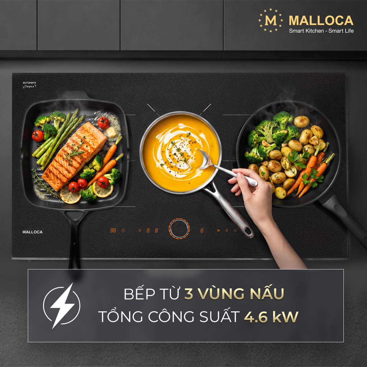 Bếp từ 3 vùng nấu 80cm với mặt kính Onyka chống trầy xước Malloca MI803ES - Tính năng nấu và an toàn Bếp từ 3 vùng nấu 80cm với mặt kính Onyka chống trầy xước Malloca MI803ES - Tính năng nấu và an toàn