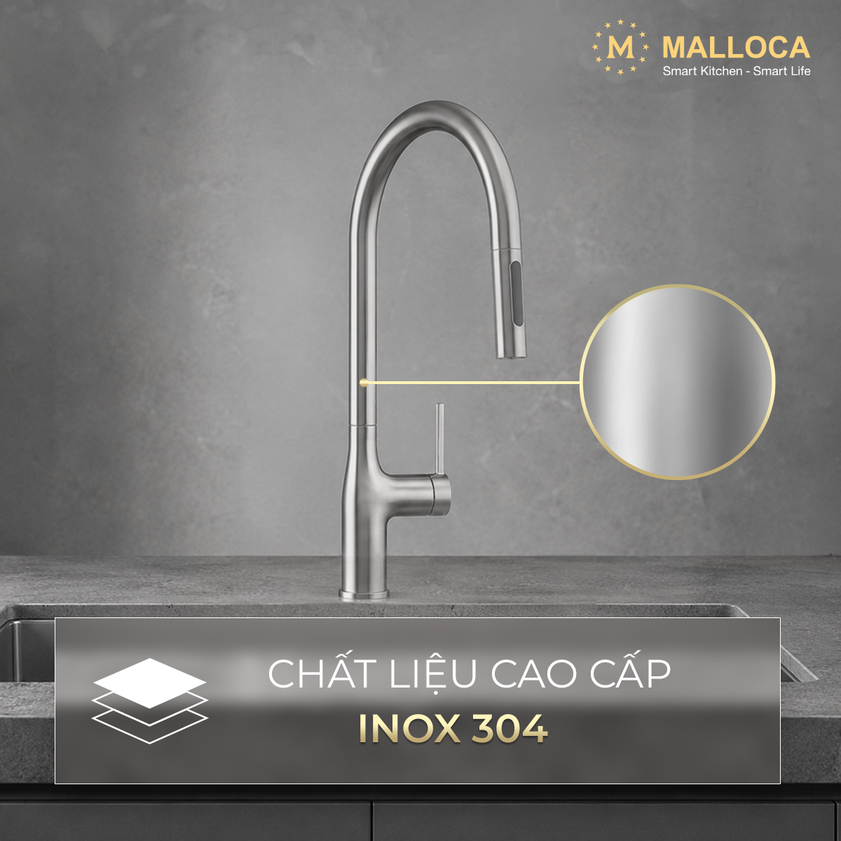 Vòi rửa chén nóng lạnh dây rút inox 304 Malloca K1726SS - Chỉnh chế độ phun và dây rút Vòi rửa chén nóng lạnh dây rút inox 304 Malloca K1726SS - Chỉnh chế độ phun và dây rút