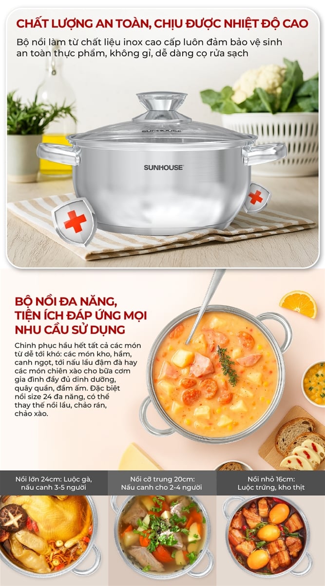 Bộ nồi inox 3 đáy Sunhouse eco SHG334E – ảnh 7