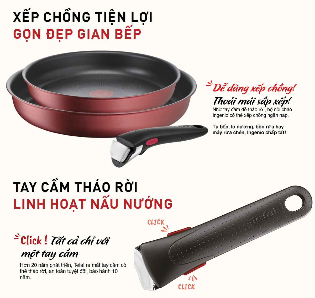 Bộ nồi chảo cán rời 3 món Tefal Ingenio Daily Chef(chảo chiên 22-26cm, tay cầm rời) – ảnh 2