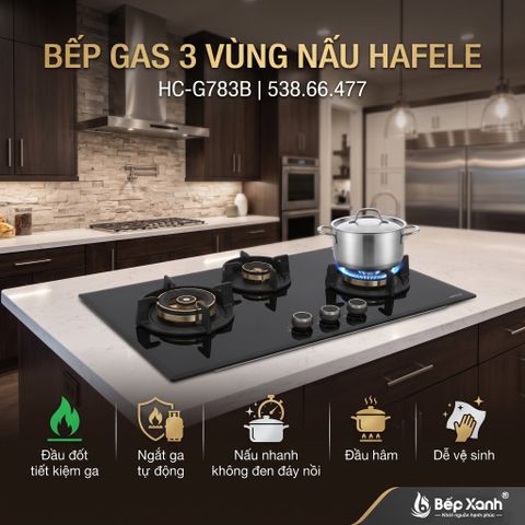 Bếp Gas 3 Bếp Hafele HC-G783B (538.66.477), Núm Vặn Kim Loại Tinh Tế, Chống Cháy Nổ, Đánh Lửa IC