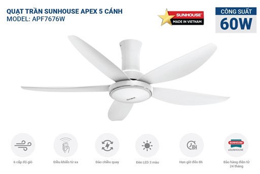 Quạt trần 5 cánh có đèn Sunhouse apex APF7676W – ảnh 5
