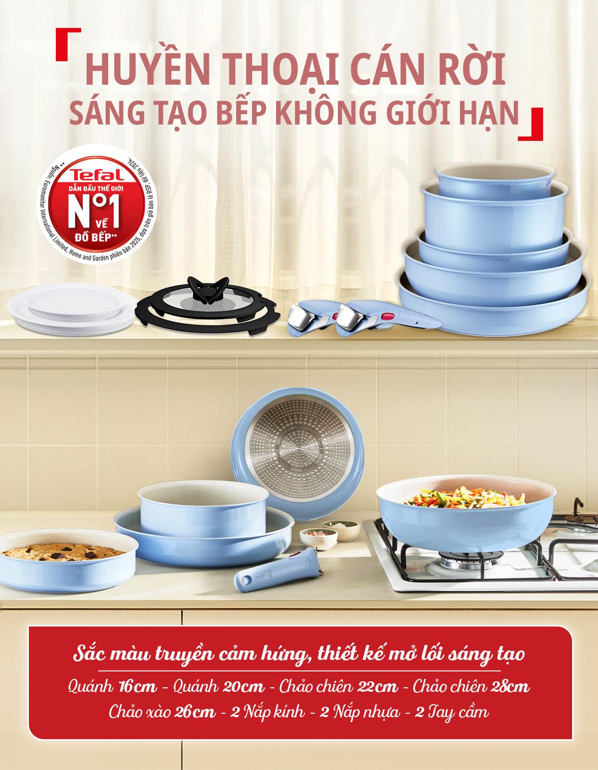 Bộ 5 nồi chảo 2 cán rời Tefal Ingenio Serenity L827SB04, 16/20/22/26/28cm, 4 nắp 16/20, xanh dương
