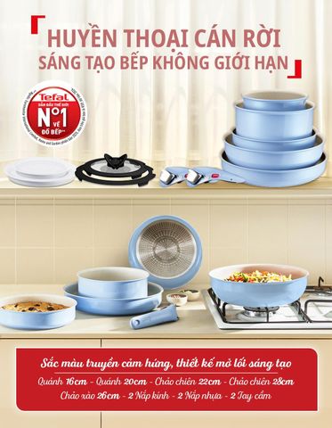 Bộ 5 nồi chảo 2 cán rời Tefal Ingenio Serenity L827SB04, 16/20/22/26/28cm, 4 nắp 16/20, xanh dương