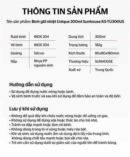Bình giữ nhiệt unique 300ML Sunhouse KS-TU300US – ảnh 7