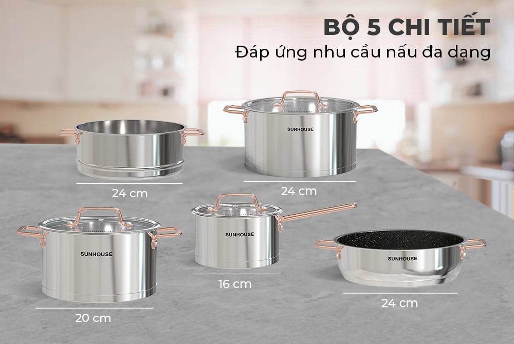 Bộ nồi chảo inox cao cấp 5 đáy Sunhouse SHG989 – ảnh 7