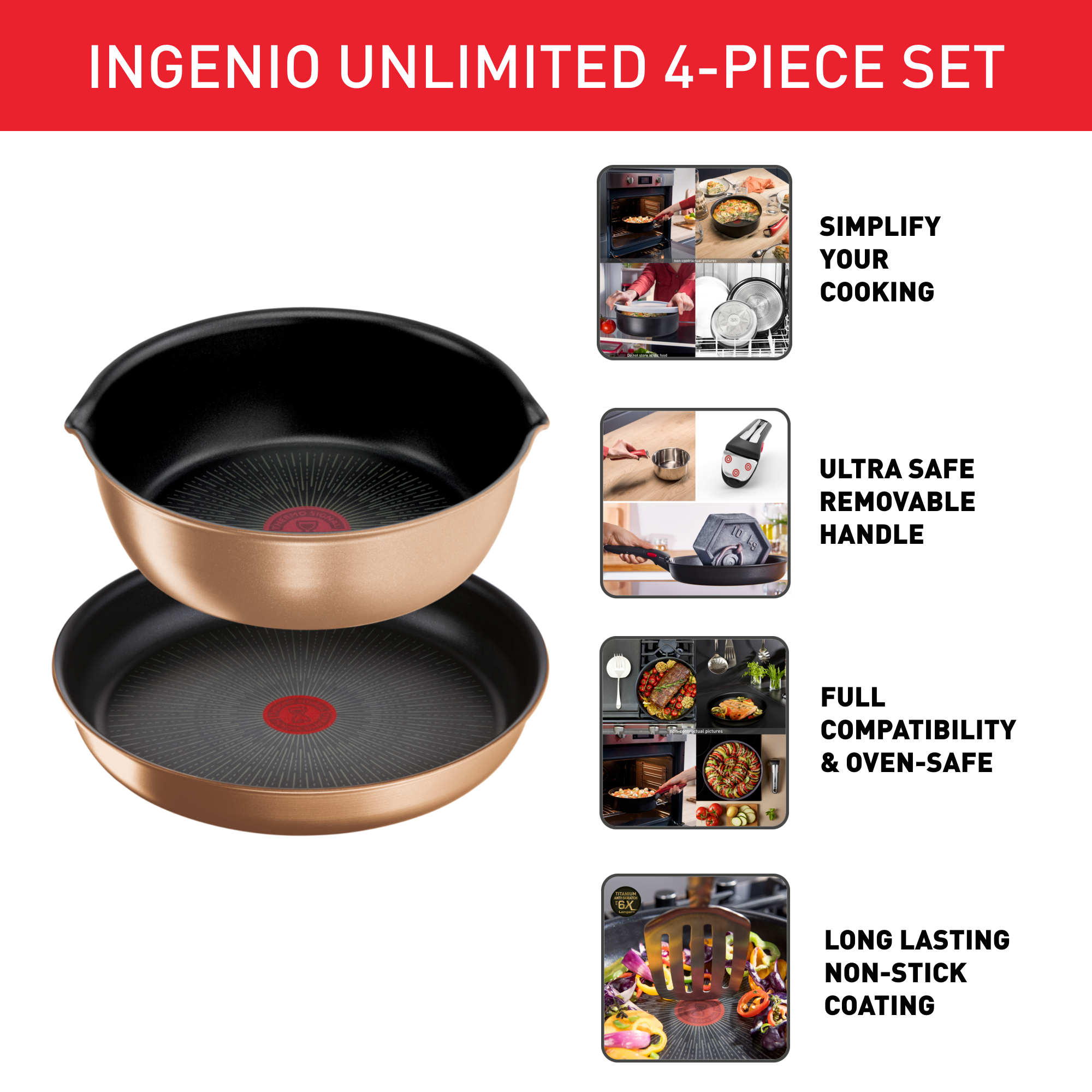  Bộ 2 chảo cán rời kèm 1 nắp kính 22cm Tefal Ingenio Unlimited L3949493, 22cm/26cm 