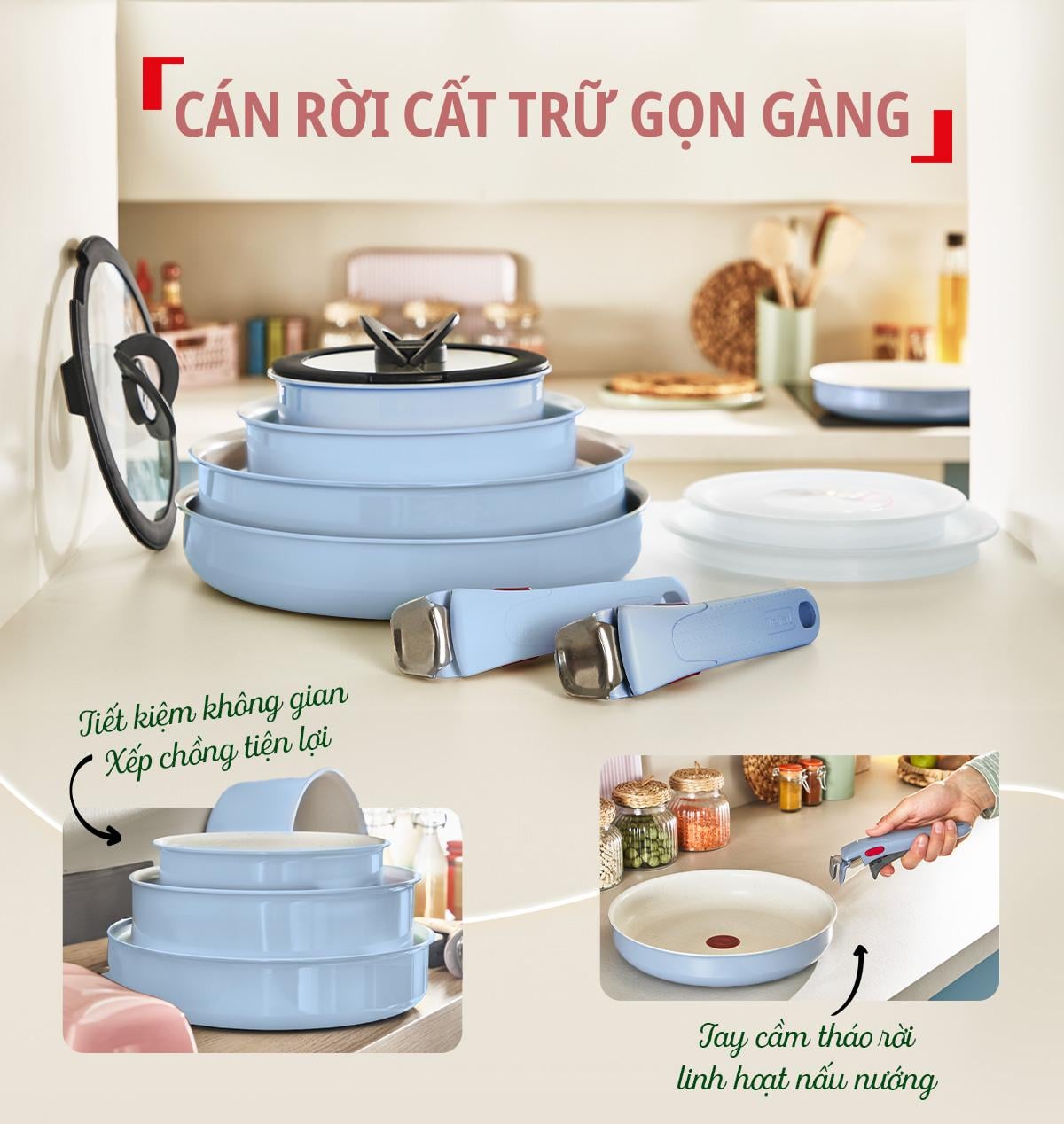 Bộ 5 nồi chảo 2 cán rời Tefal Ingenio Serenity L827SB04, 16/20/22/26/28cm, 4 nắp 16/20, xanh dương – ảnh 4