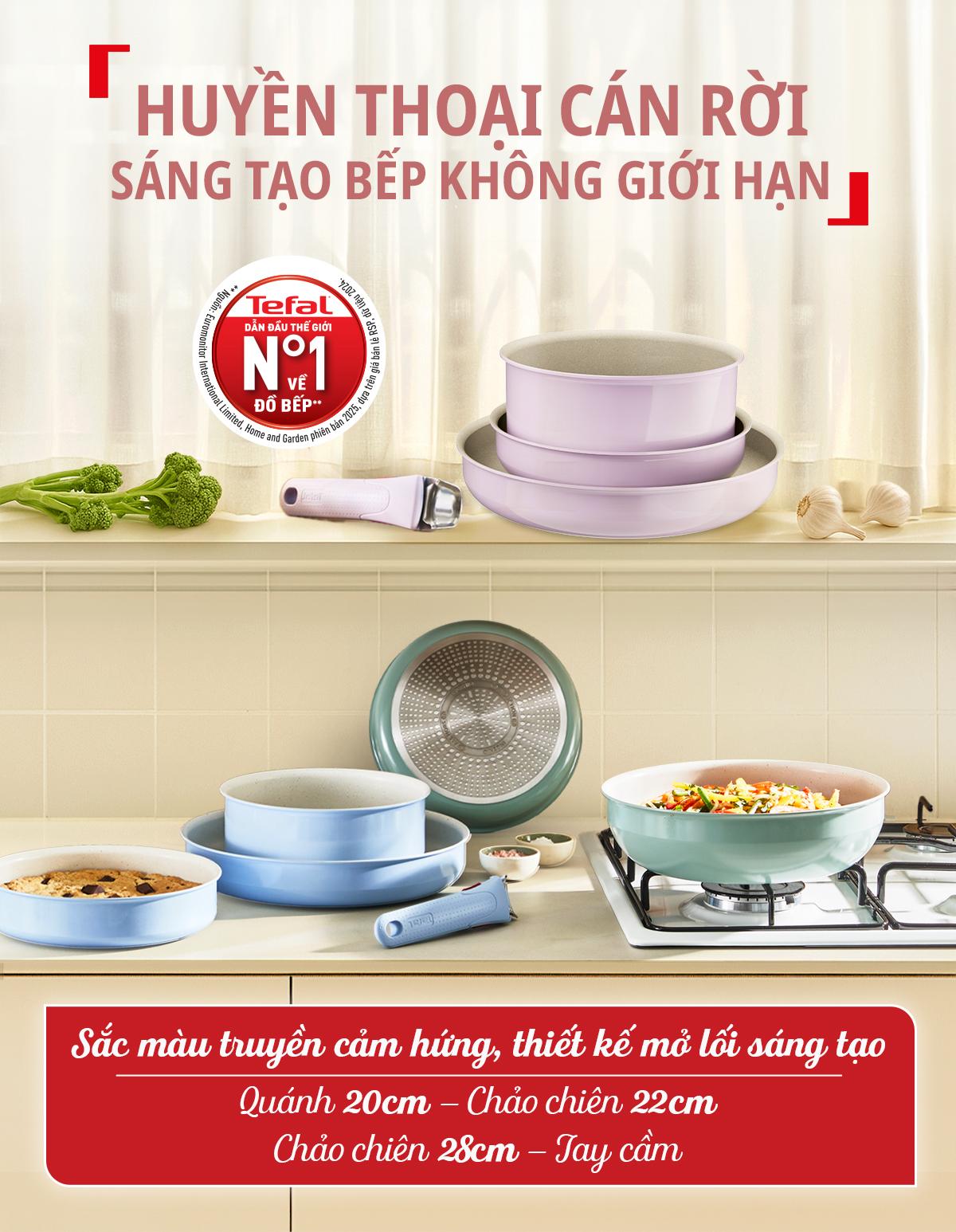 Bộ 3 nồi chảo cán rời Tefal Ingenio Serenity L827S404/L830S404/L828S404, quánh 20cm/ chiên 22cm/chiên 28cm, xanh dương