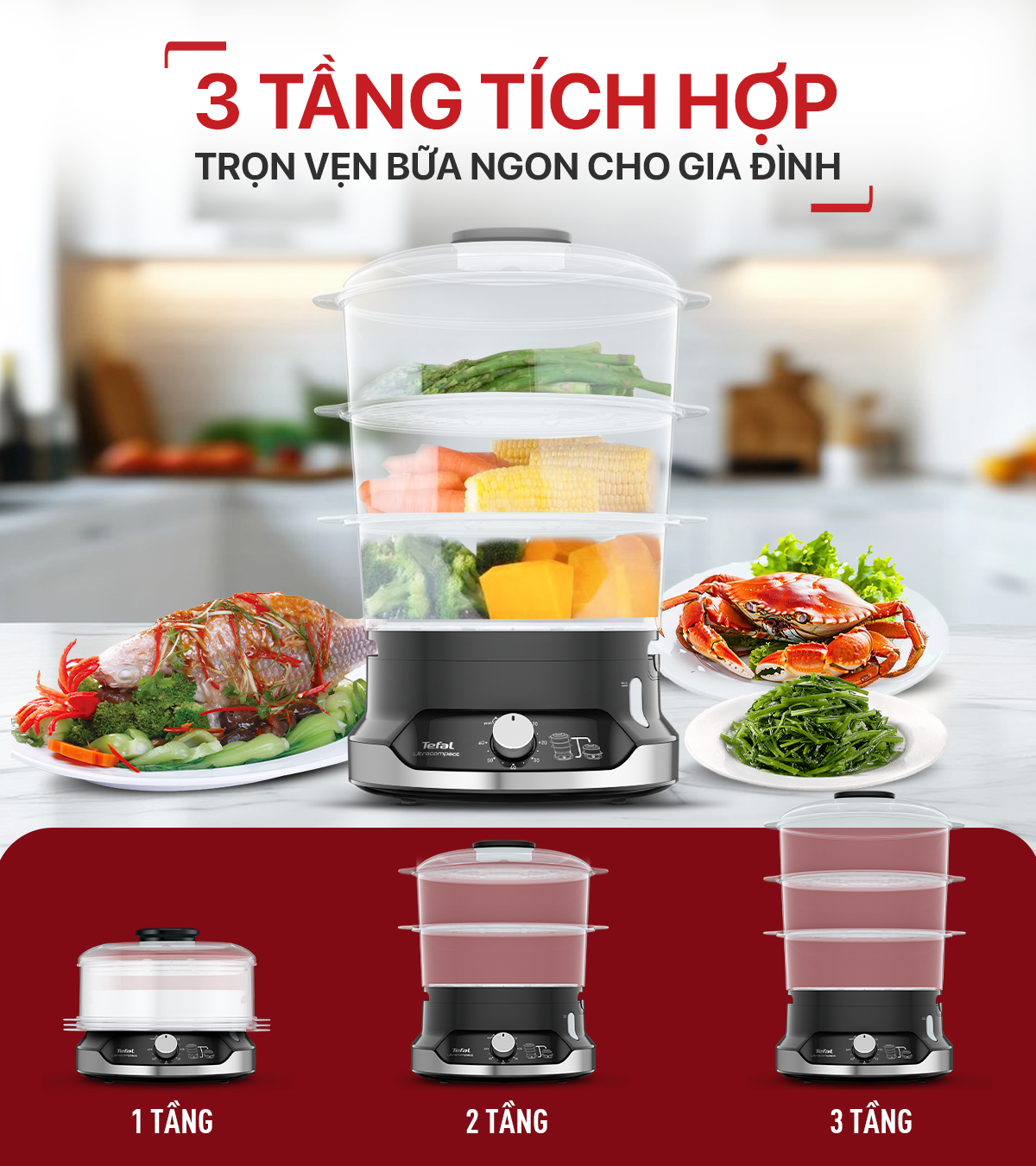 Nồi hấp thực phẩm Tefal UltraCompact VC204810 - 9L – ảnh 2