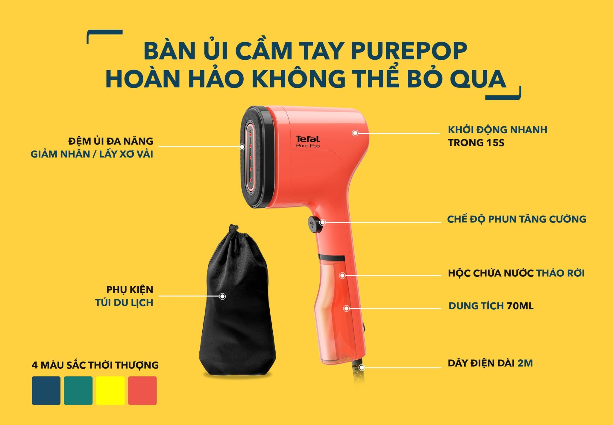 Bàn ủi hơi nước cầm tay Pure Pop Tefal DT2022E1/DT2024E1/DT2026E1/DT2020E1, màu cam carrot/vàng/xanh lơ/xanh mallard – ảnh 7