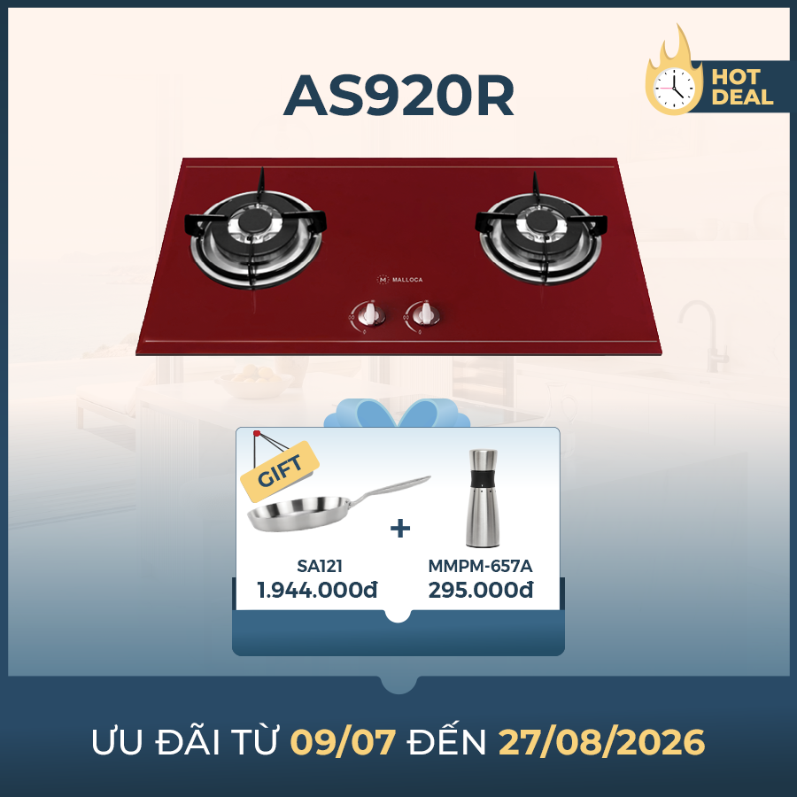 Bếp gas 2 vùng nấu 75cm Malloca AS920R - Hai vùng 3800W và mâm Somipress trên AS920R Bếp gas 2 vùng nấu 75cm Malloca AS920R - Hai vùng 3800W và mâm Somipress trên AS920R