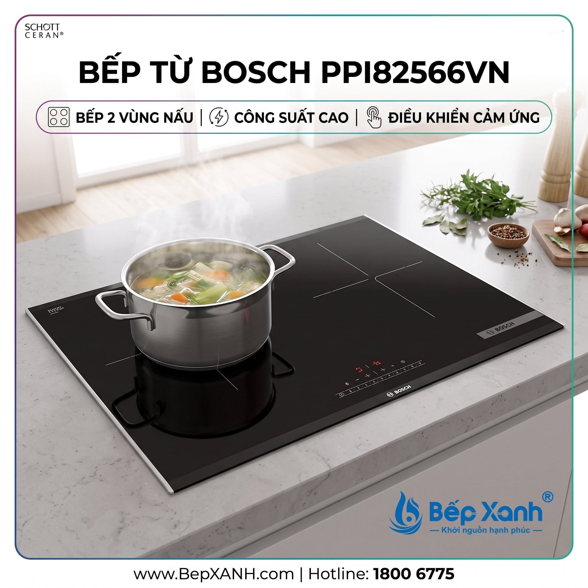 PPI82566VN | Bếp từ Bosch 2 vùng nấu, kính Schott Ceran, công suất 3.5000W 