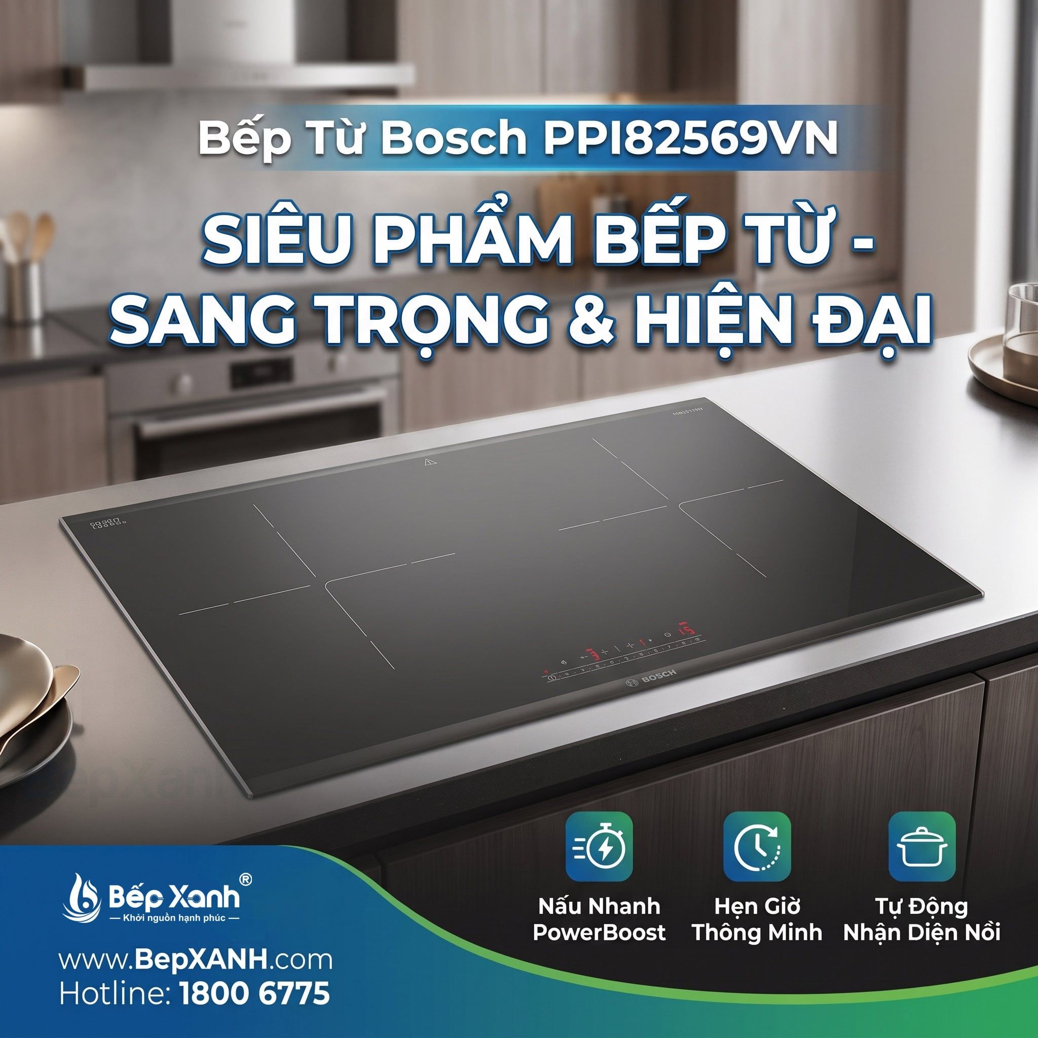 PPI82569VN | Bếp từ Bosch 2 vùng nấu, kính Schott Ceran, viền Inox xám
