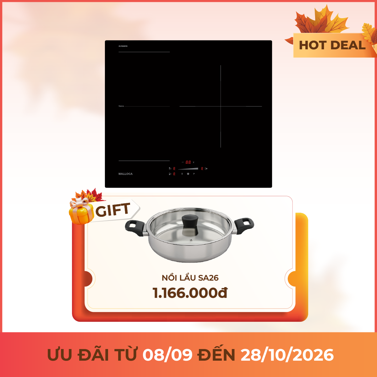 Bếp từ 3 vùng nấu 59cm Flexzone Malloca MI593FZ