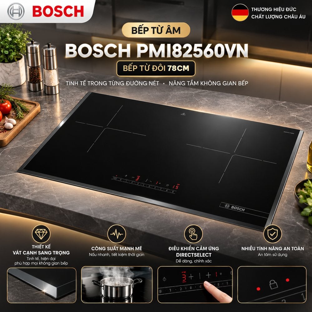 Thiết kế vát cạnh bếp từ Bosch PMI82560VN Thiết kế vát cạnh bếp từ Bosch PMI82560VN