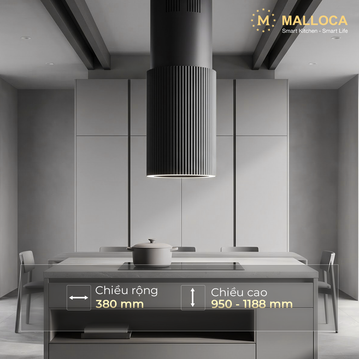 Máy hút mùi đảo 38cm Malloca MonoBlack K382B - Đèn LED chỉnh ánh sáng ấm – lạnh Máy hút mùi đảo 38cm Malloca MonoBlack K382B - Đèn LED chỉnh ánh sáng ấm – lạnh