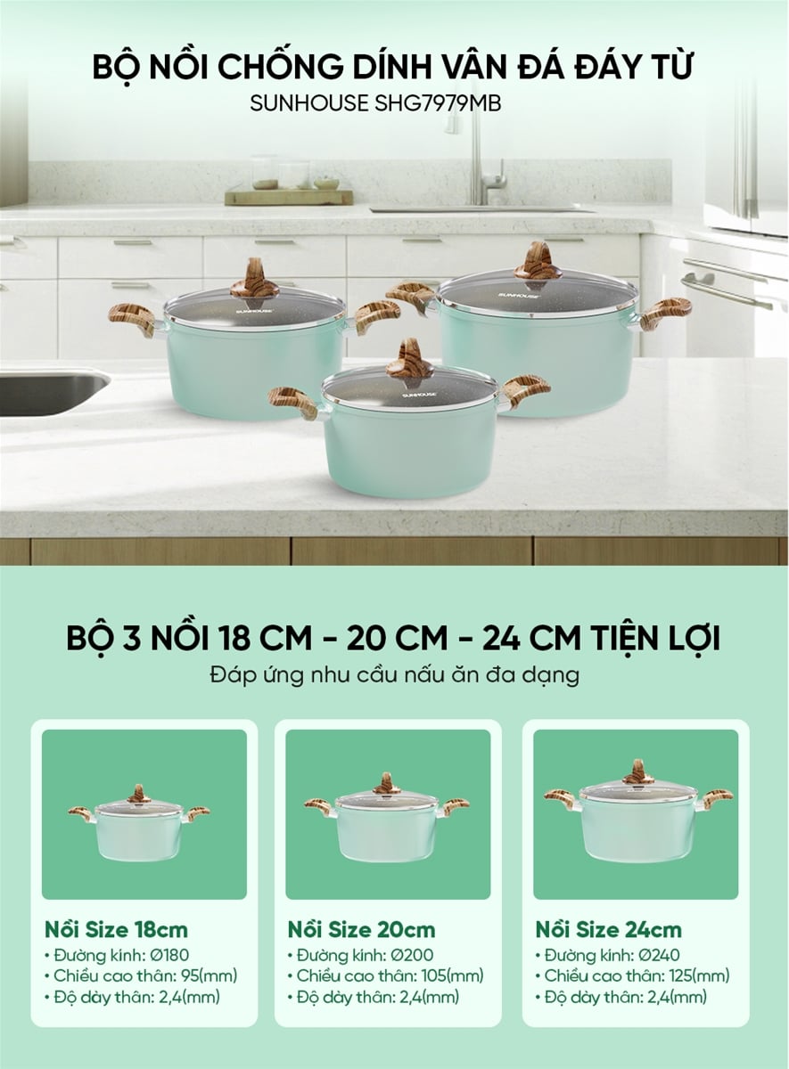 Bộ nồi chống dính vân đá đáy từ Sunhouse SHG7979MB – ảnh 5