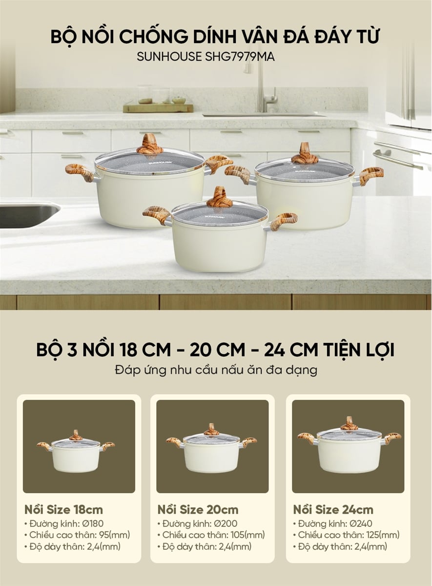 Bộ nồi chống dính vân đá đáy từ Sunhouse SHG7979MA – ảnh 5