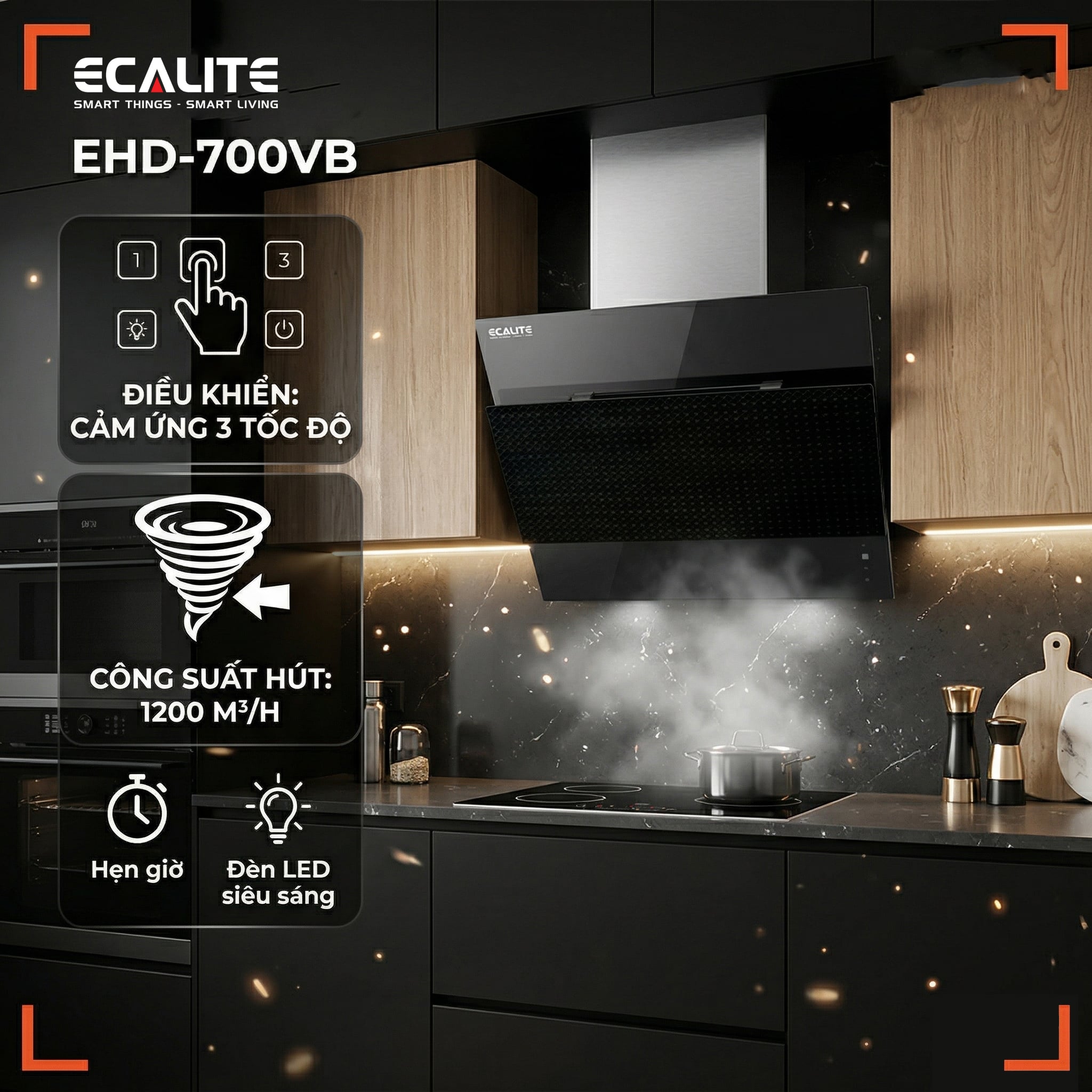 Máy hút mùi áp tường 70cm kính vát D-Smart Ecalite EHD-700VB – ảnh 2