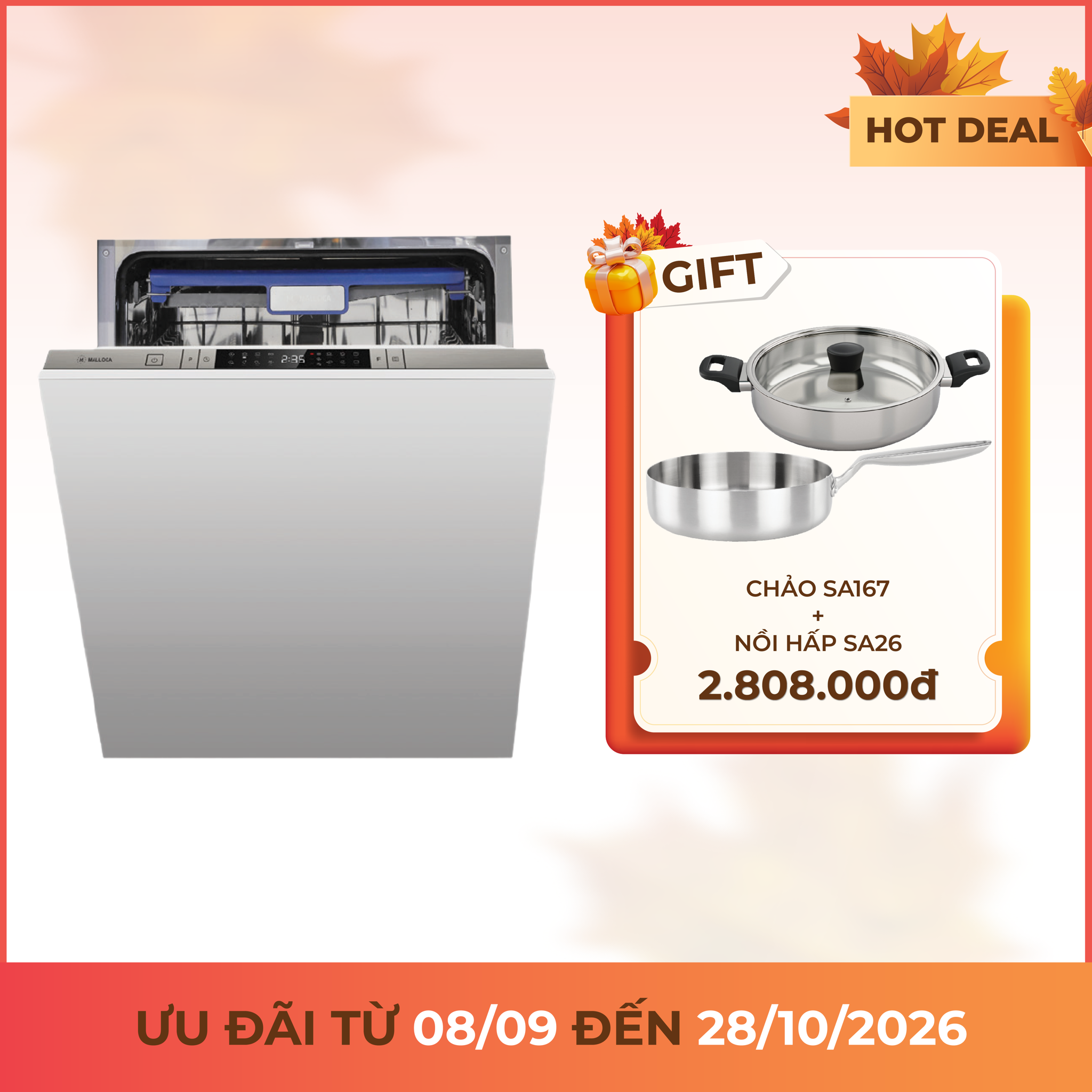 Máy rửa chén âm tủ 60cm 14 bộ chén dĩa tự động mở cửa Malloca MDW147713AD
