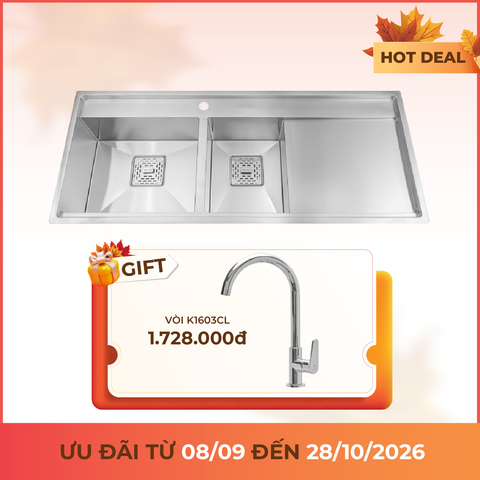 Chậu rửa chén 2 hố inox 304 kích thước 116cm Malloca MS6306ST