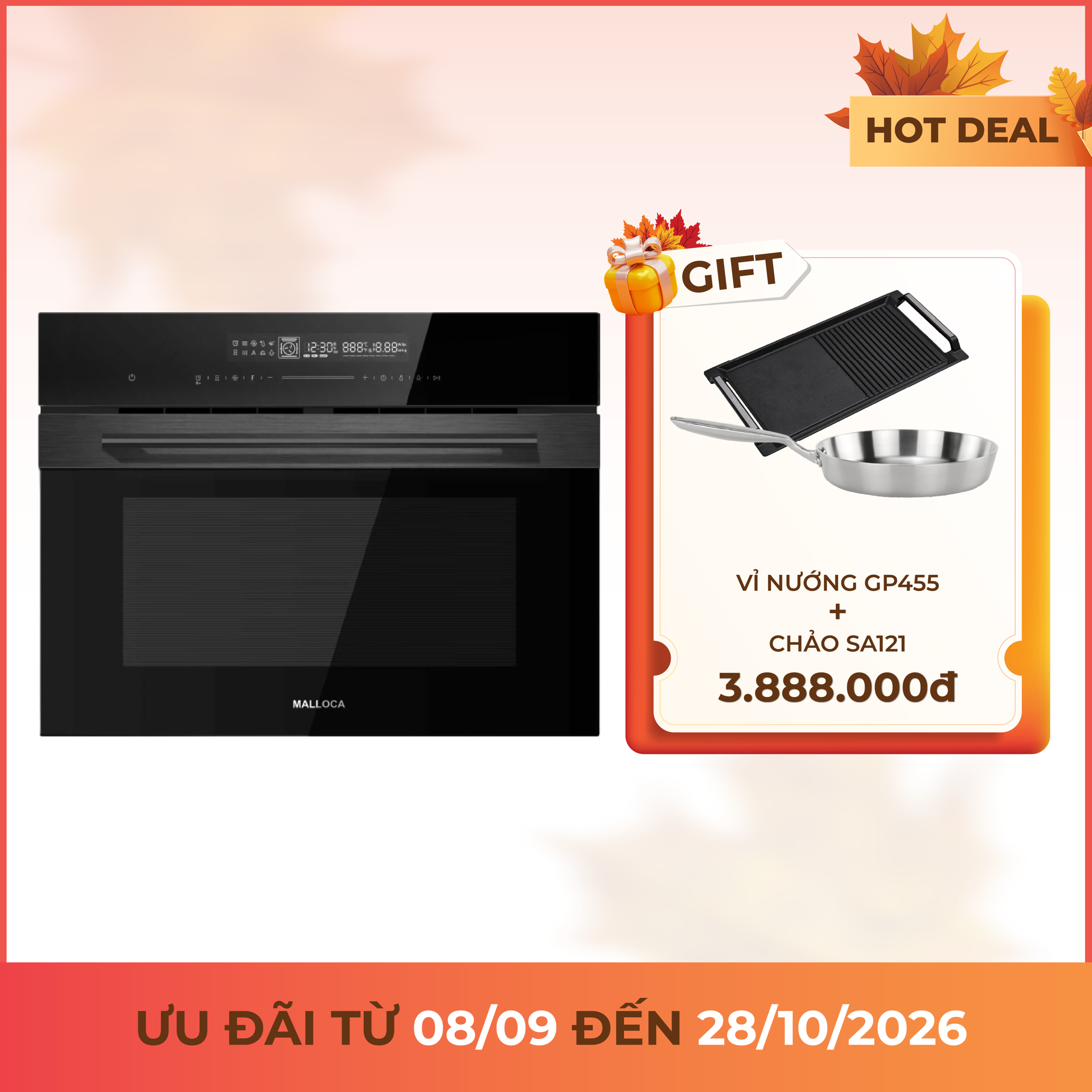 Lò vi sóng âm tủ kết hợp nướng 45cm dung tích 50L Malloca MW950BS