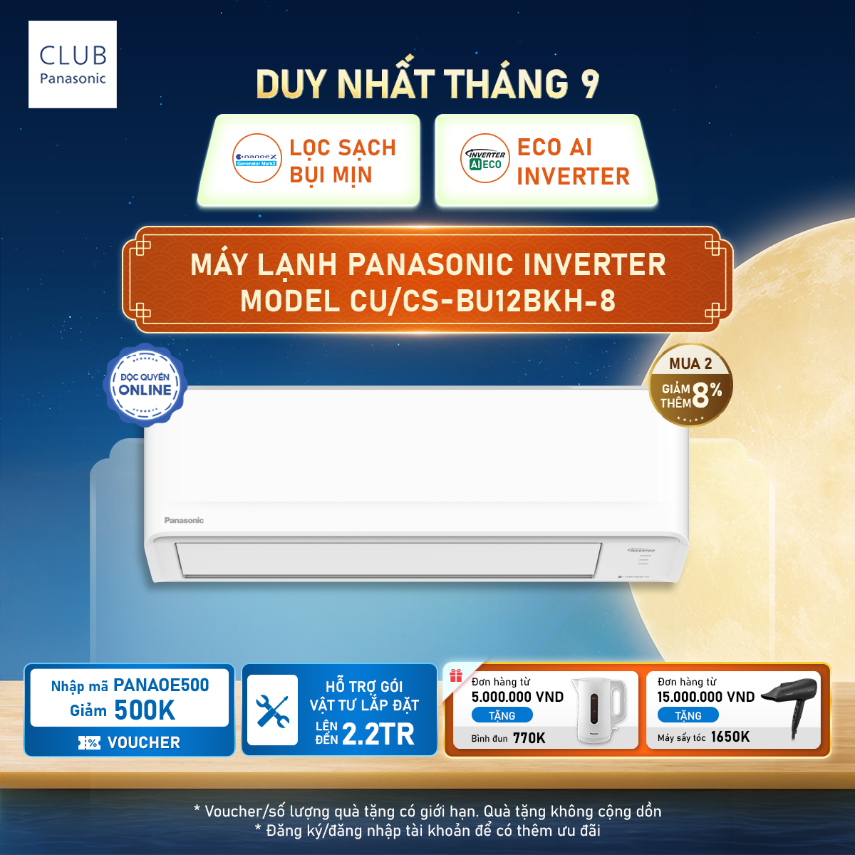 Máy lạnh điều hòa Inverter 1.5HP 1 chiều Panasonic CU/CS-BU12BKH-8