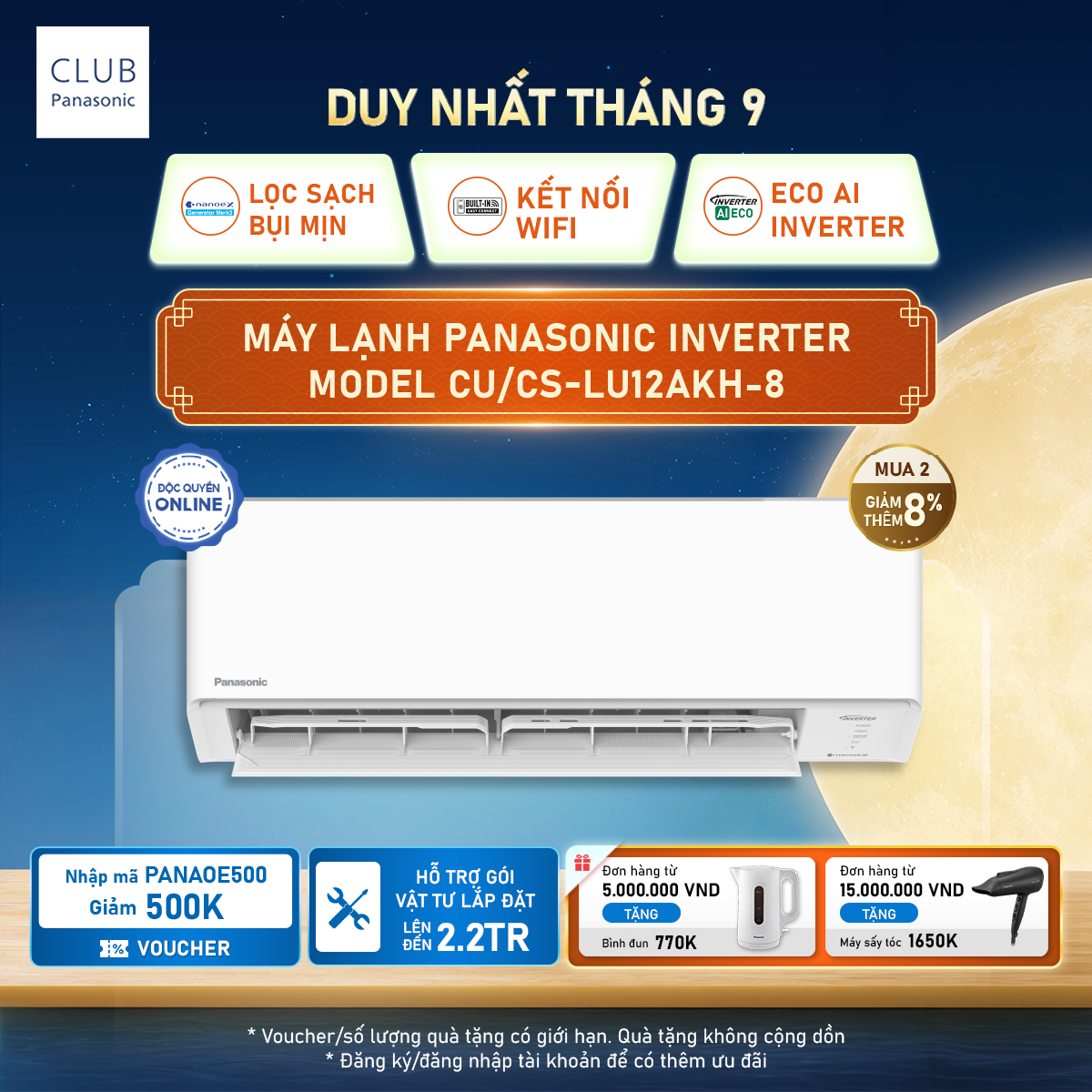 Máy lạnh điều hòa Inverter 1.5HP 1 chiều Panasonic CU/CS-LU12AKH-8