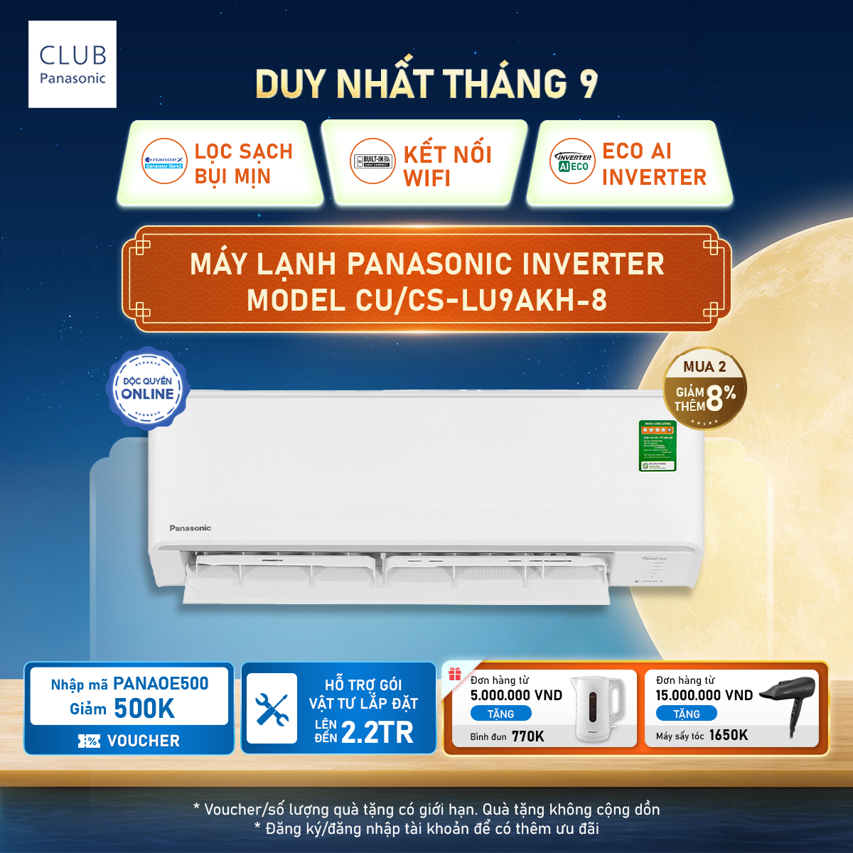 Máy lạnh điều hòa Inverter 1HP 1 chiều Panasonic CU/CS-LU9AKH-8