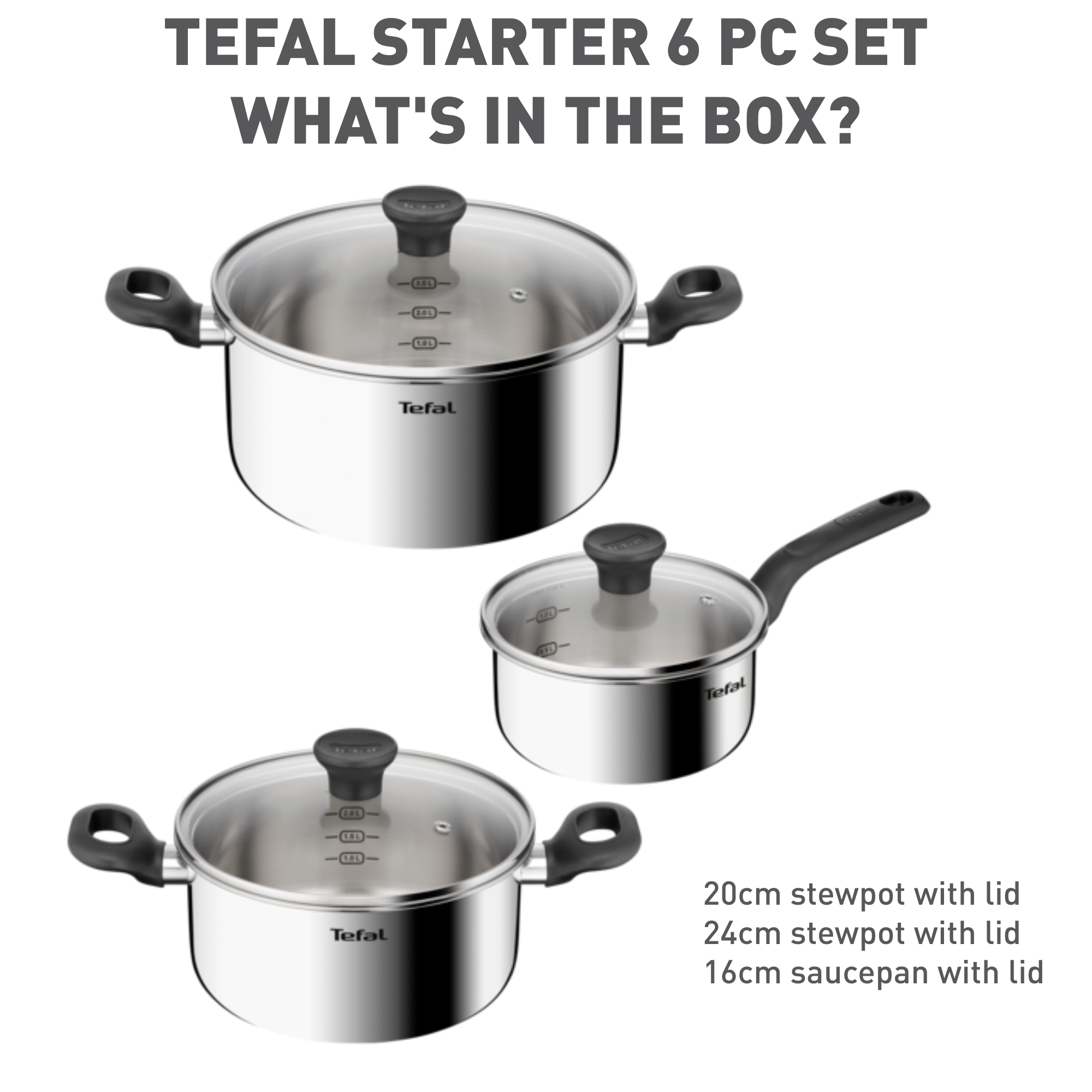 Bộ 3 nồi Inox liền khối Tefal Starter E325S695, quánh 16cm/nồi 20cm/nồi 24cm