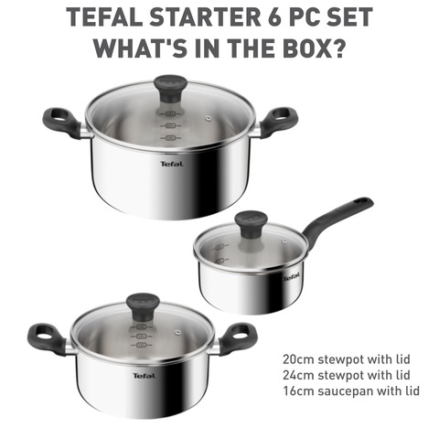 Bộ 3 nồi Inox liền khối Tefal Starter E325S695, quánh 16cm/nồi 20cm/nồi 24cm