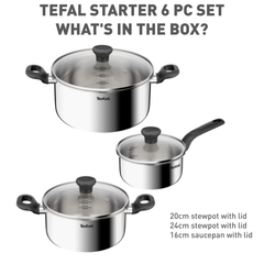 Bộ 3 nồi Inox liền khối Tefal Starter E325S695, quánh 16cm/nồi 20cm/nồi 24cm