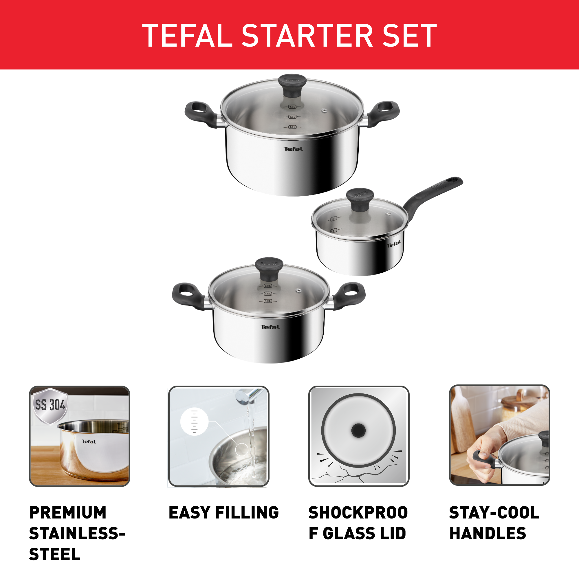 Bộ 3 nồi Inox liền khối Tefal Starter E325S695, quánh 16cm/nồi 20cm/nồi 24cm – ảnh 2