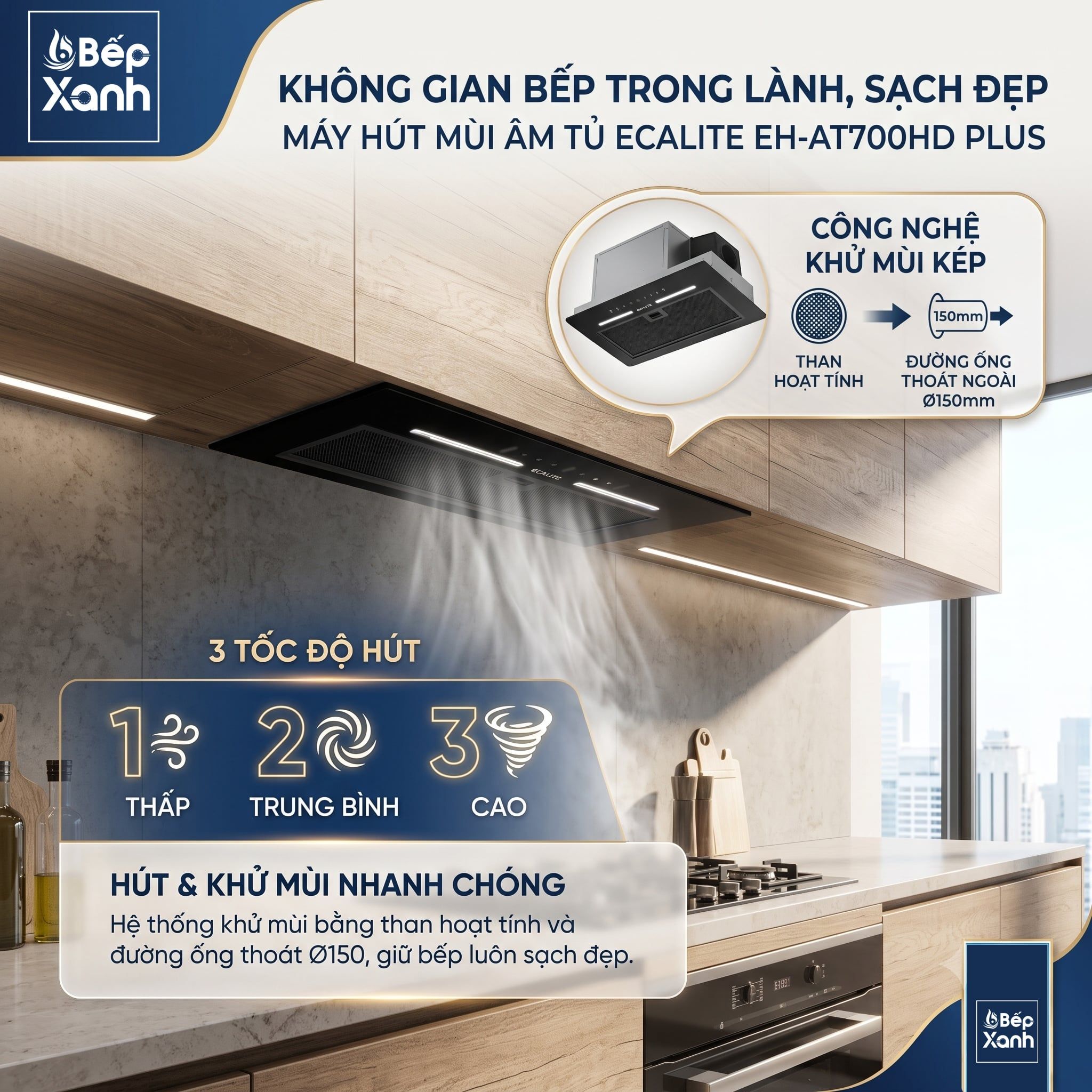  Máy Hút Mùi Âm Tủ Ecalite EH-AT700HD PLUS - Vuốt Vẫy Thông Minh, Động Cơ BLDC Siêu Êm, Bảo Hành 3 Năm 